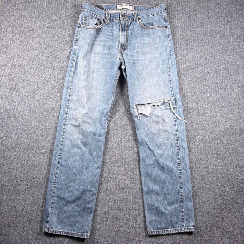 Y2K Levi's 505 Regular Fit Jeans Mens 34x34 Light Blue Distressed Straight Denim